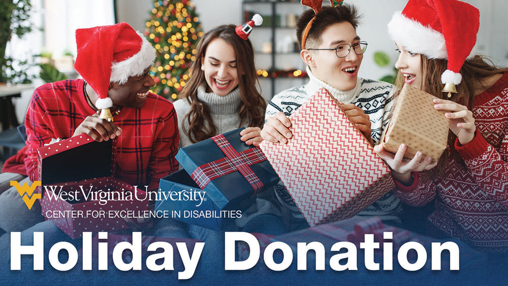four people in holiday attire in front of a Christmas tree exchanging gifts and smiling: WVU CED Holiday Donation Drive